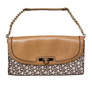 DKNY Shoulder Bag Brown Monogram Logo Pebbled Leather Y2K Baguette Women Small